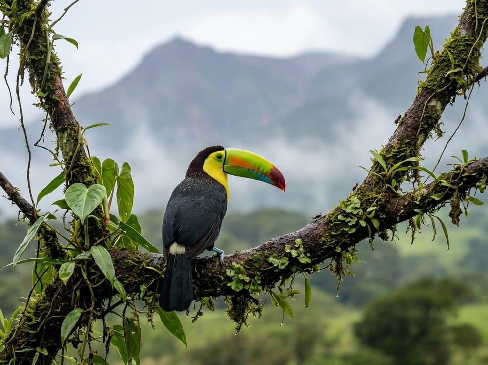 Tucán pico iris en el dosel de Oski Lodge frente al volcán